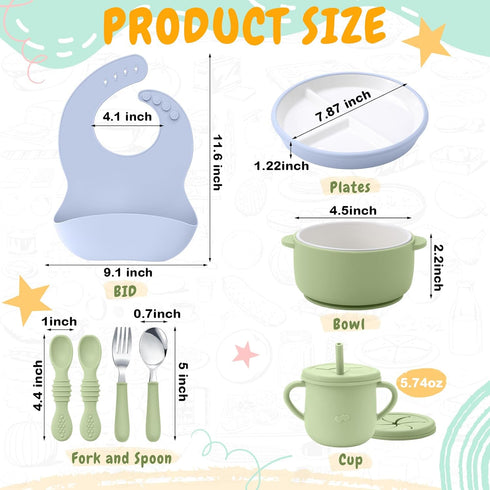 9 Set Teenyyou Pcs Porcelain Kids Plates and Bowls Feeding with Suction, Ceramic Baby Toddler Divided Plates Silicone