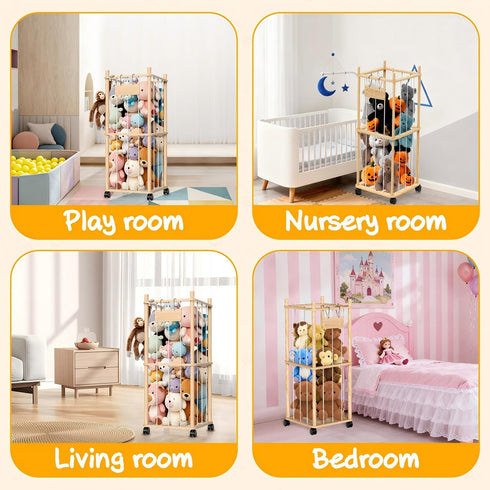 Belveora 2 Stuffed Animal Storage Organizer, Wooden Plushies Toy Zoo Holder with Wheels, Large Capacity Storage Tower