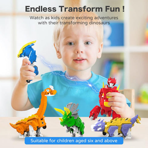Toddler 5-in-1 Dinosaur Transforming Robot Toy, 5Pcs Easy DIY Assembly Function Combines into Mega Robot with Weapon