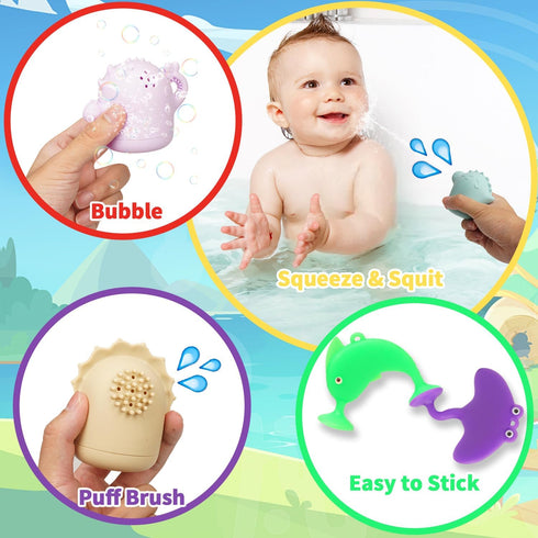 13 Pcs Baby Bath Toys, Silicone Mold Free Squeezable Dinosaurs with Storage Bag, No Hole Sensory Ocean Animal Suction