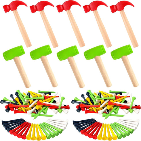 AIHSUMC 10 Pcs Kids Wooden Hammer Toy with 100 Pcs Colorful Wood Golf