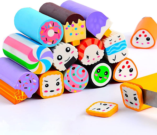 12 Pack Food Erasers, Cute Sushi Desserts, Fun Desk Pet Erasers for Kids, Bulk Long Pencil Erasers, School Supplies