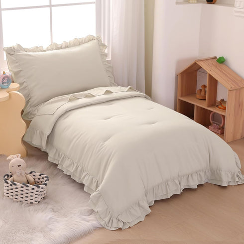 Set Set, 4 Set Wowelife Toddler Comforter for Girls, Pale Beige Toddler Bedding Pieces Double Ruffles Soft