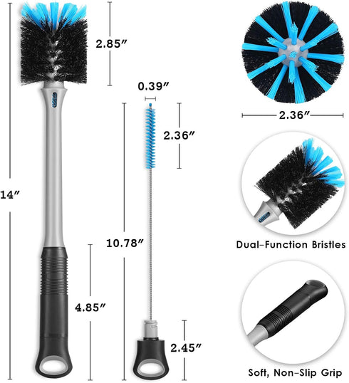 2 Pack 2-in-1 Bottle Brush with Straw Brush, Long Handle Water Bottle Scrubbing Brush for Cleaning Sport Bottles