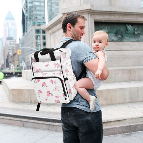Bolaz Backpack Pink Rose Bow White Diaper Bag Tote Multifunction Baby Nappy Changing Bags Large with Stroller Straps
