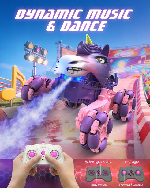 1:18 360 2.4 4WD 120 3+ Remote Control Car Pink Unicorn Monster Truck Spin-Dance Light Music with Spray, GHz Min