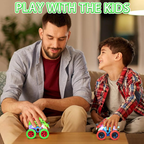 TQBYNJ 2-4 360 Monster Truck Toy for Toddlers Aged - Light Up Dinosaur Car for Kids - with LED Flash and Rotating Stunt
