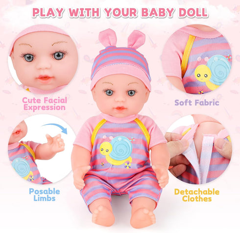 12" Set 15 3-5 deAO Baby Doll Stroller Baby Doll with Foldable Stroller PCS Accessories for Toddlers Christmas Birthday