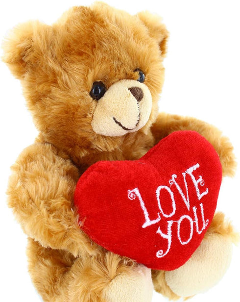 Plushland Stuffed Mocha Heart Bear – Love You - 6 Inch Plush Bear Toy for Kids & Adults, Brown, Embroidered Heart Pillow