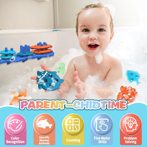 Set 10 Silicone Baby Bath Toys Stackable, Shape-Sorting Floating with Mold-Free Textured Pieces, No-Hole Design Early
