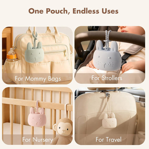 Set 3 ROCCED Pacifier Holder Case Silicone Bunny Design Pacifiers Pouch with Soft Silicone Strap, Travel Storage