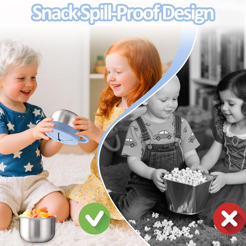 9 OZ BUSOHA Stainless Steel Toddler Snack Cups - Spill-Proof Baby Snack Containers with Silicone Catcher and Lid Travel