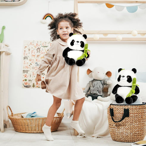 9'' Panda Stuffed Animal Plush Toys, Cute Black and White Panda Doll Gifts with Bamboo Plushies