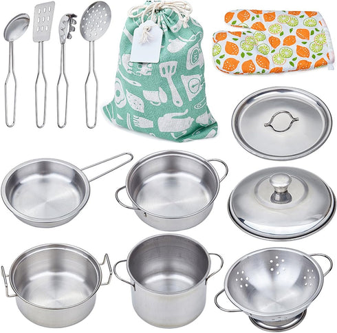 Play Pots and Pans Toys for Kids - Mini Stainless Steel Cooking Utensils Kitchen Playset for Ages 3 and Up