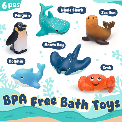 6-Pcs 1-3, Set Ocean Bath Toys for Toddlers No Hole Mold Free Bathtub Toys, Whale Shark Dolphin Penguin Sea Animal