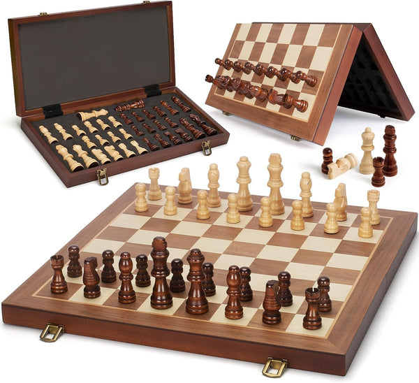 Jumlys Magnetic Wooden Chess Set, 15" Folding Chess Board with 2 Extra Queens,