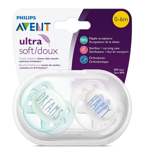 0-6 4 Pack, SCF222/43 Philips AVENT Ultra Soft Pacifier Months, Dreams and Happy Designs, White/Green