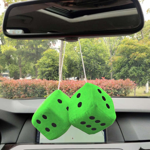 Fuzzy Plush Dice for Car Mirror, 1 Pair of Square Retro 3” Green Dice with Black Dots for Car Interior Ornament Decoration