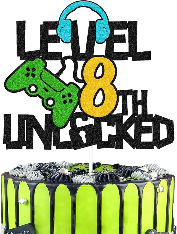 Happy 8th Birthday Cake Topper, Level 8 Unlocked for Boys, Video Game Controller Theme Party Supplies