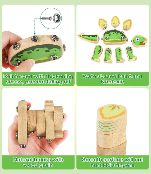 Playset, 3 4 5 6+ Dinosaur Wooden Toys,Snap on Dino Together Building Blocks,Take Apart STEM Montessori Educational