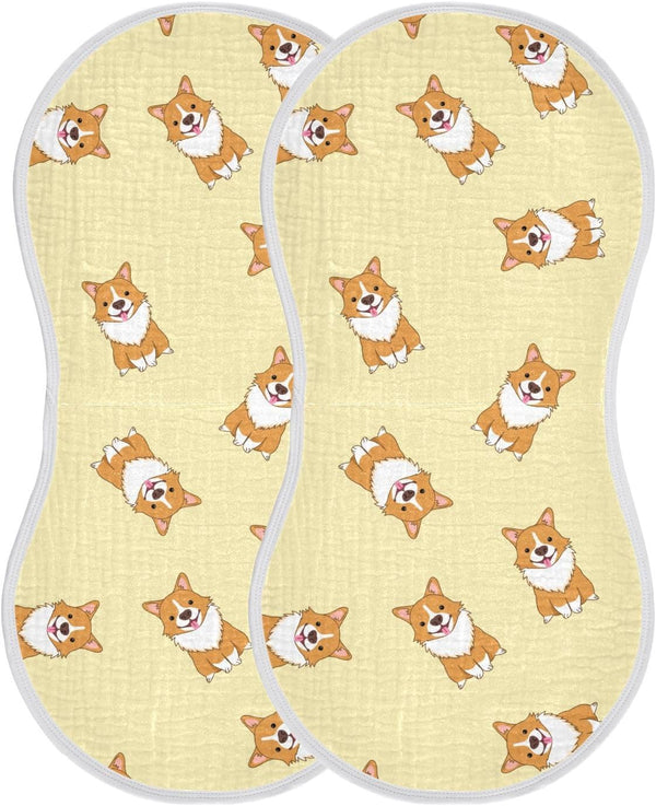 Cute Corgi Dog Pattern Muslin Burp Cloths for Baby, 2 Pack Soft 100% Cotton Washcloths Bibs for Boy Girl