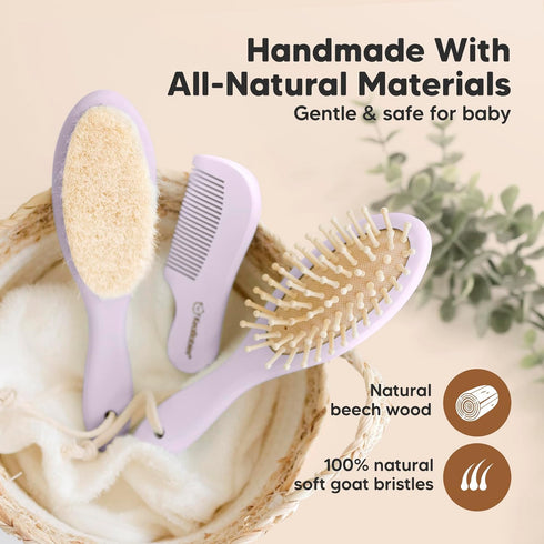 Set Set KeaBabies Wooden Baby Hair Brush for Newborns, Toddlers - Soft Goat Bristle Baby Brush and Comb Newborn