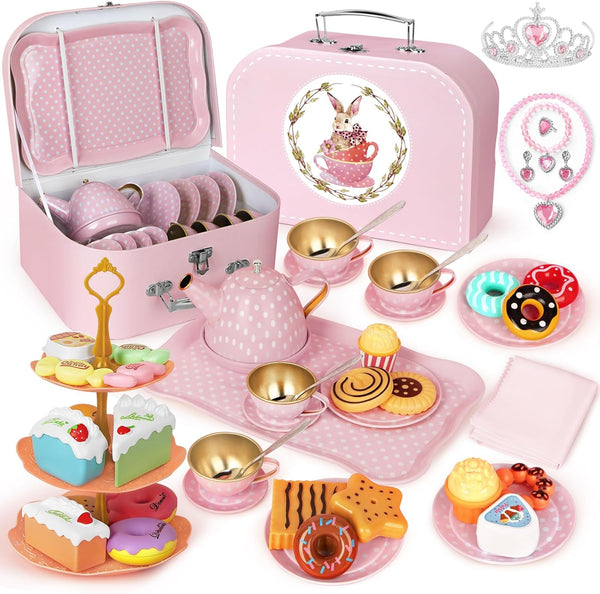 iAOVUEBY Tea Party Set for Little Girls, 49PCS Princess Tea Time Toys