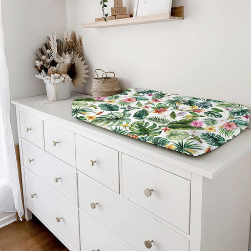 Green Tropical Leaves Floral Hummingbirds Changing Pad Covers, Rainforest Monstera Leaves for Boy Girl, Soft 32''x16''