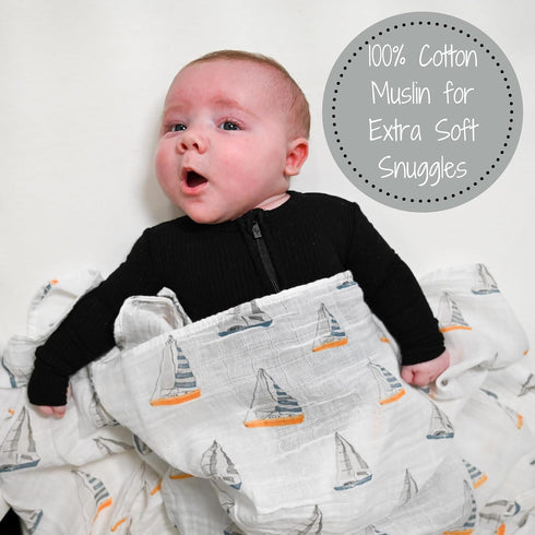 Swaddle Blanket | 100% Muslin Cotton | Gender Neutral Newborn and Baby Nursery Essentials for Girls and Boys, Registry | Sailboat Print by LollyBanks