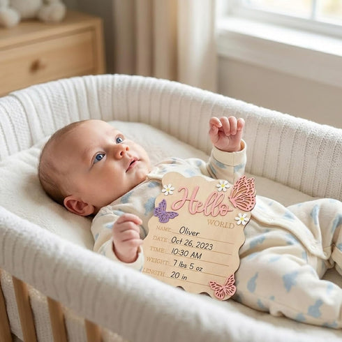 Yuomeaz Baby Arrival Sign, Newborn Announcement Sign, Wooden Hello World Newborn Signs Pink Butterfly Baby Birth