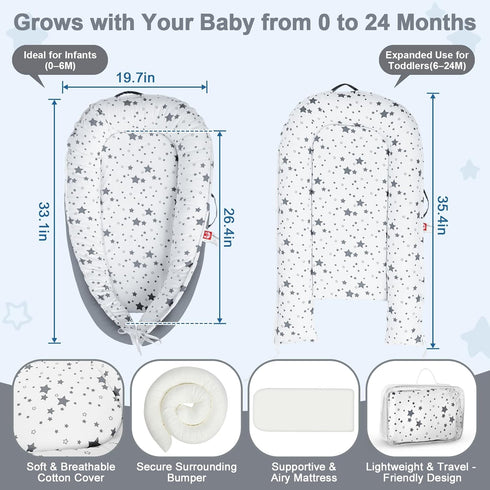 TEEAOE 024 Tummy Baby Lounger for Newborn Months, Portable Infant Seat with Ergonomic Support, Breathable Cotton Baby