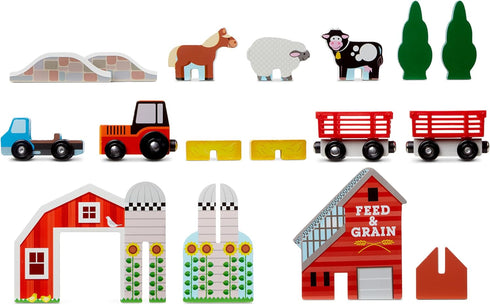 17-Piece 4 1+ Melissa & Doug Wooden Take-Along Tabletop Farm, Farm Vehicles, Play Pieces, Barn, Grain House Take-Along