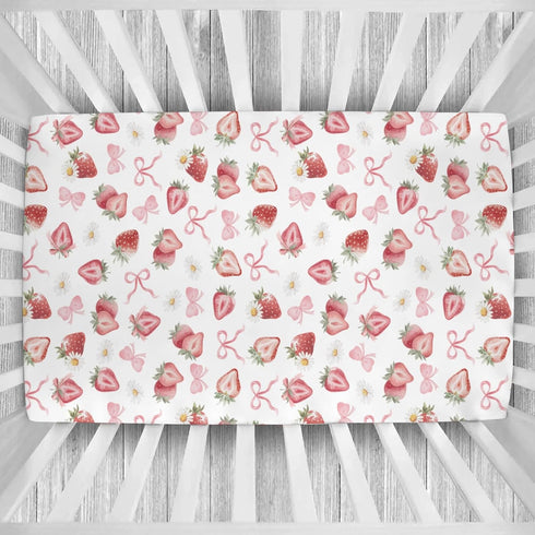 Cstdyfrv 52"x28" Strawberry Pink Bows Floral Baby Crib Sheets Sweet Watercolor Strawberry Daisy Flowers Soft Baby