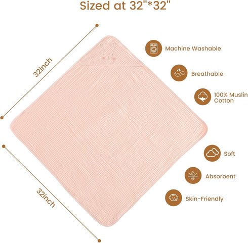 2 Pack 32"x32", 6 100% david's kids Hooded Baby Towels, Large Layer Muslin Cotton Highly Absorbent Girl Bath Towel