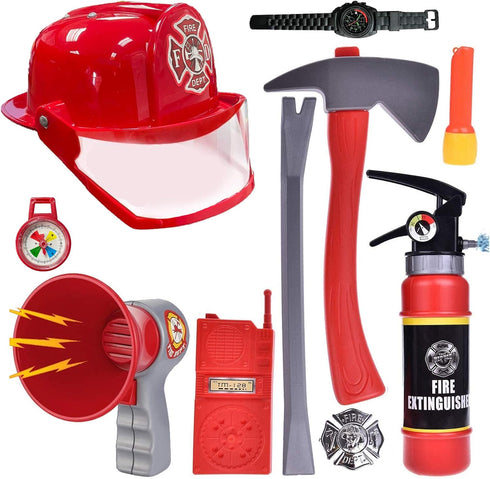 10 PCs Fireman Gear Firefighter Costume Role Play Toy Accessories Set with Helmet and Tools for Kids