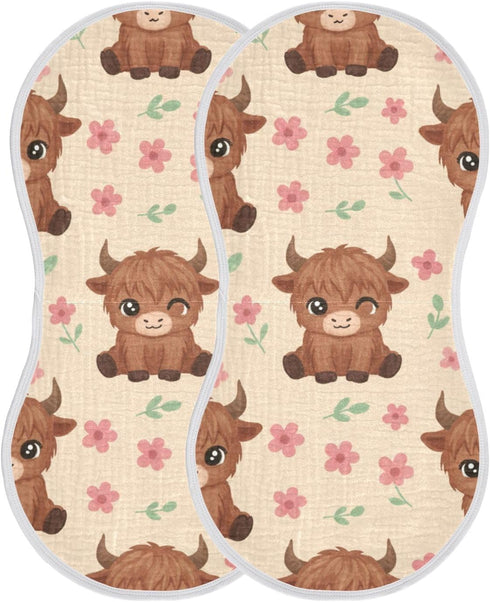 FUQIUMI 4 22"x 11" Highland Cow Animal Floral Print Muslin Burp Cloths for Babies,Soft Cotton Layer Burping Cloths