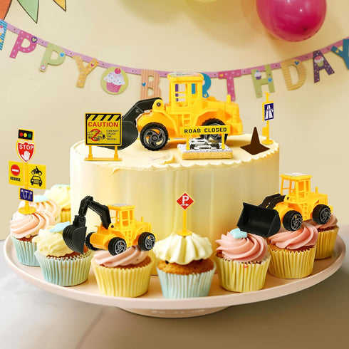 16 RAYNAG Pieces Construction Cake Topper Construction Birthday Party Supplies Vehicles Cake Decorations with Large