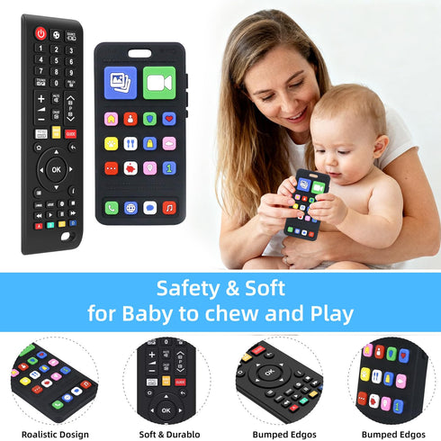 SLUQQHDU 0-6 6-12 Months,2 Pack 6-12-18 Baby Silicone Teething Toys for Babies Months,Phone and Remote Teether Toys