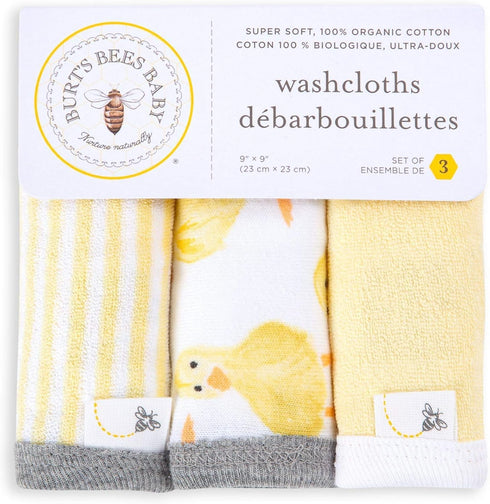 100% 3 Pack Set Burt's Bees Baby Infant Washcloths, Organic Cotton, Soft and Super Absorbent Knit Terry Wash Cloth