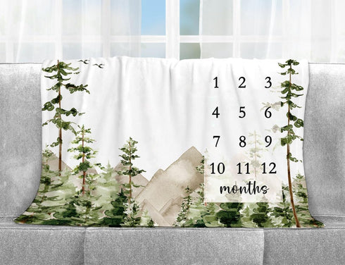 Adventure Awaits Baby Milestone Blanket with Birth Stat Sign, Mountain Baby Growth Chart Monthly Blanket, 50"x40"