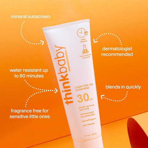 30 3 oz Thinkbaby SPF Mineral Baby Sunscreen, Clear Zinc Oxide, fl Natural, Water Resistant, Kids & Toddler Sun