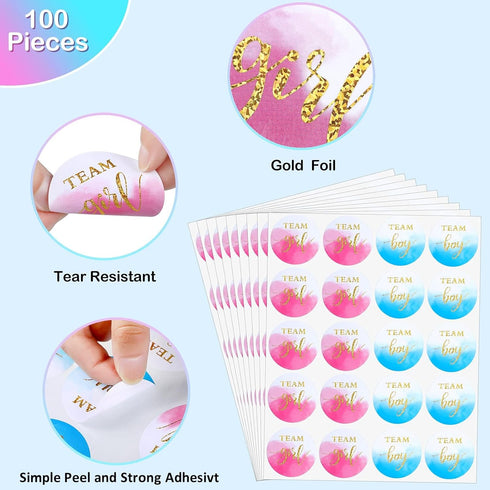 Lincia 100 Pieces Gold Watercolor Gender Reveal Stickers 2 Inches for Baby Showers, Party Invitations, Team Boy Team