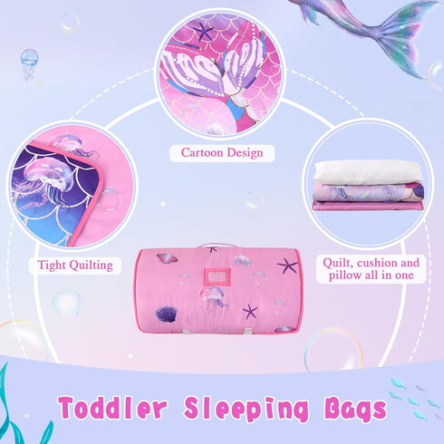 Wowelife Toddler Nap Mat Mermaid with Pillow, Pink Purple Mermaid Sleeping Bag for Girls, Preschool Nap Mats