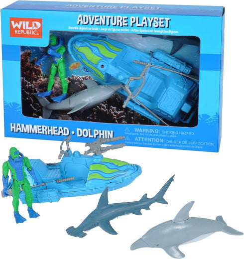 Wild Republic Dolphin, Hammerhead, Speed Boat, Oars, Scuba Diver, Gifts for Kids,