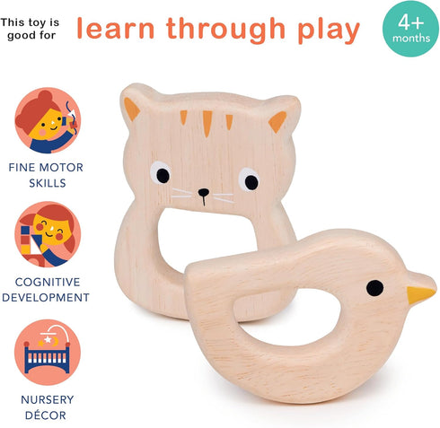Toys - Bird & Kitten Teethers, 2pc Wooden Teething Toys for Babies, Natural Wood Animal Chew Toy for Sore Gums