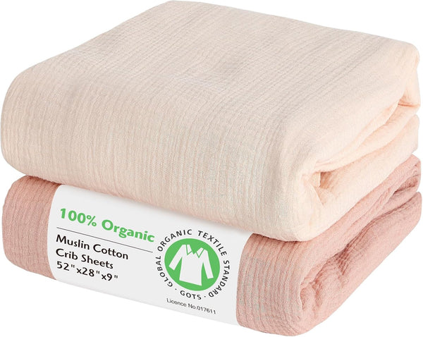 100% Organic Cotton Muslin Baby Fitted Crib Sheets 2 Pack 52x28 Inches