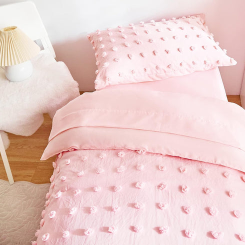 4 Set Pieces Tufted Dots Toddler Bedding Solid Pink Jacquard Pom Pom Tufts, Soft and Embroidery Shabby Chic Boho Design