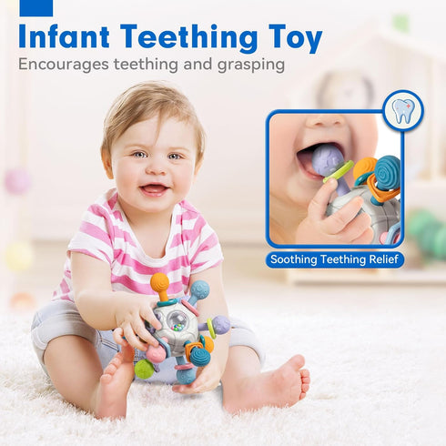 SpringFlower 3 in 1 Montessori Toys for Babies 0-3-6-12 Months, Rattle Teether, Baby Blocks, Soft Stacking Rings