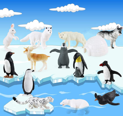 RCOMG 14PCS Mini Arctic Animal Figures, Realistic Sea Animals Toys Playset with Reindeer, Penguins, etc.
