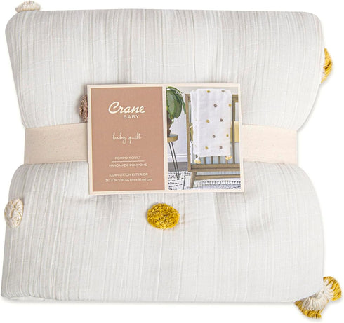 36 36, Crane Baby Blanket, x Soft Cotton Pom Pom Nursery Blanket for Boys and Girls, Cream